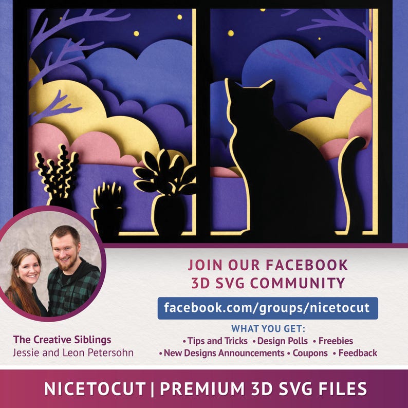 May include: A digital illustration of a cat sitting in a window looking out at a night sky with clouds and stars. The image is in a paper cut style with layers of different colours. The text "JOIN OUR FACEBOOK 3D SVG COMMUNITY facebook.com/groups/nicetocut" is at the bottom of the image.