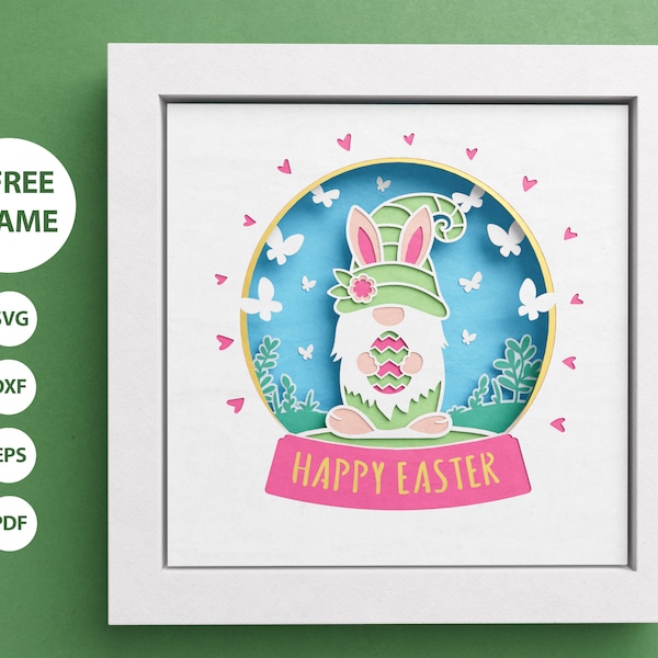 3D イースター ノーム シャドー ボックス、ハッピー イースター SVG、レイヤード ペーパー アート、スノーグローブ シャドー ボックス、Cricut および Silhouette 用ファイル、簡単な手順