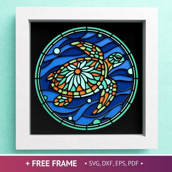 3D Stained Glass Turtle Shadow Box, Underwater Shadow Box SVG, Nautical Layered Papercut, Files For Cricut with Easy Instructions