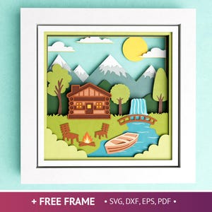 3D Cabin Woods Shadow Box, River Bridge, Nature Landscape SVG, Layered Paper Art, Tulips Decor, Spring Scene For Cricut, Easy Instructions