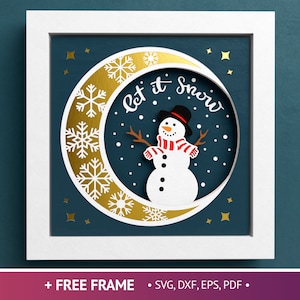 3D Pupazzo di neve Luna Shadow Box, Christmas Shadow Box SVG, Let it Snow Papercut, Fiocchi di neve 3D SVG, File per Cricut con semplici istruzioni