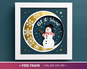 3D Snowman Moon Shadow Box, Christmas Shadow Box SVG, Let it Snow Papercut, Snowflakes 3D SVG,Files For Cricut with Easy Instructions