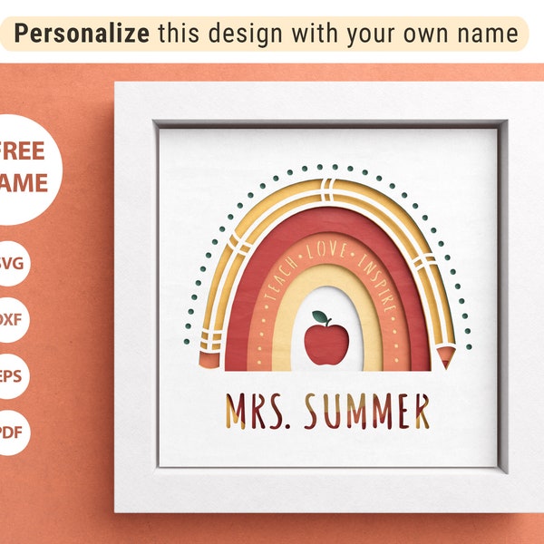 3D Teacher Gift Shadow Box with Custom Name, Boho Rainbow Svg, Housewarming Gift, Teacher Birthday, Files For Cricut with Easy Instructions