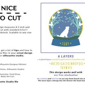 Puede incluir: Un dise&ntilde;o digital para un globo de papel artesanal de 6 capas con una silueta de perro en su interior. El dise&ntilde;o mide 8,3 pulgadas e incluye archivos SVG, DXF, EPS y PDF. El dise&ntilde;o se titula "NICE TO CUT" e incluye el nombre "TOBY" en la base del globo de papel.