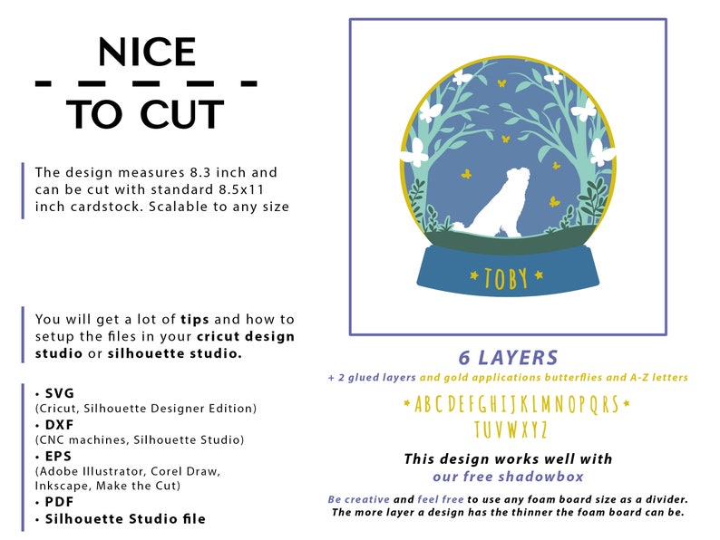 Puede incluir: Un dise&ntilde;o digital para un globo de papel artesanal de 6 capas con una silueta de perro en su interior. El dise&ntilde;o mide 8,3 pulgadas e incluye archivos SVG, DXF, EPS y PDF. El dise&ntilde;o se titula "NICE TO CUT" e incluye el nombre "TOBY" en la base del globo de papel.