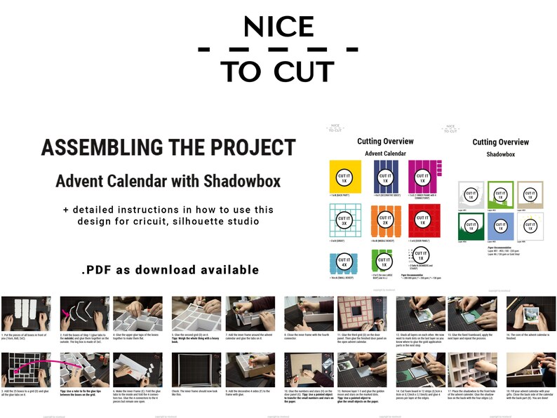 May include: A white graphic with the text "NICE TO CUT" at the top. Below, the text "ASSEMBLING THE PROJECT Advent Calendar with Shadowbox" is displayed. The image also includes cutting overview diagrams and assembly instructions.
