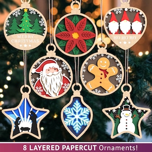 Christmas Ornaments Papercut SVG, Merry Christmas Tree, Snowman, Gingerbread Men, Santa, Nativity Scene, Snowflake, Poinsettia, Gnomes Ho Ho