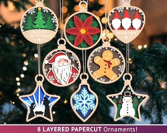 Christmas Ornaments Papercut SVG, Merry Christmas Tree, Snowman, Gingerbread Men, Santa, Nativity Scene, Snowflake, Poinsettia, Gnomes Ho Ho