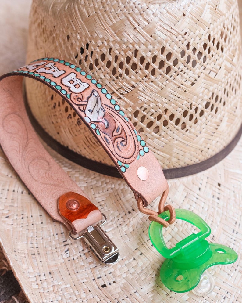 Western Tooled Leather Pacifier Clip Etsy