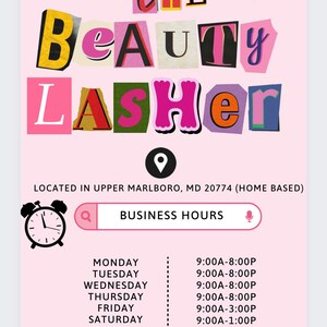 Könnte beinhalten: Rosa-weißes Grafik mit dem Text "WELCOME TO MY BOOKING SITE" und "THE BEAUTY LASHER" in bunten, ausgeschnittenen Buchstaben. Die Grafik enthält auch eine Ortsmarkierung, eine Uhr, eine Lupe, ein Mikrofon, ein Telefonsymbol, einen Umschlag, ein Social-Media-Symbol mit einer Hand, die ein Telefon hält, sowie den Text "(240)-416-9172", "INFO.THEBEAUTYLASHER@GMAIL.COM" und "@THEBEAUTYLASHER".