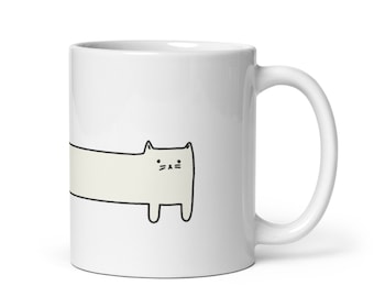 長い白い猫のマグカップ - 面白い陶器のコーヒーカップ
