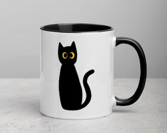 黒猫マグカップ - キュートな黄色い目をした陶器製コーヒーマグ