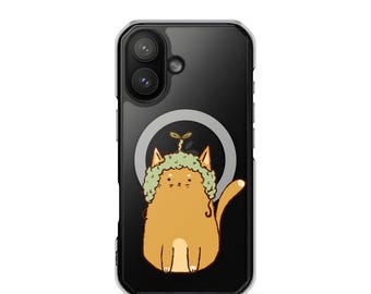 植物の帽子をかぶったおもしろ猫のMagSafe iPhoneケース | かわいい子猫の芽のクリアケース