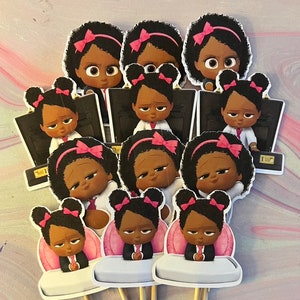 Afro Girl Boss-Baby Cupcake Picks | African American Cake Topper -12 pcs Brown Skin Baby-Boss