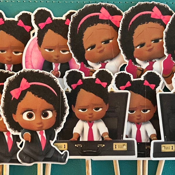 Afro Girl Boss-Baby Cupcake Picks | African American Cake Topper -12 pcs Brown Skin Baby-Boss