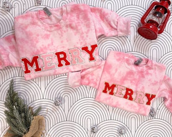 Mommy and Me Matching Merry Christmas Chenille Patch Crewneck, family set, mom and kid set