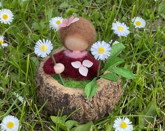 little daisy child, root child in a Brazil nut shell felted mother earth seedling seasonal table summer