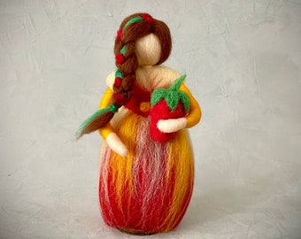 Felted little summer girl with strawberry