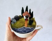 Miniature landscape felted for fairies and elves in porcelain cup