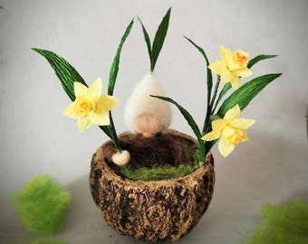small daffodil child, root child felted in a Brazil nut shell, mother earth seedling, seasonal table, spring