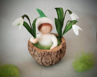 little snowdrop child, root child felted in a Brazil nut shell, Mother Earth seedling, seasonal table, spring