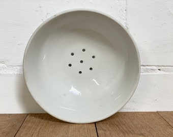 Vintage French  berry strainer - ceramic draining bowl - antique ironstone footed fruit drainer- colander porcelain