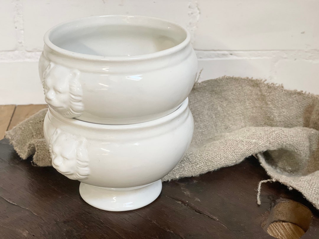 Set of 2 Antique French Lionhead Bowls Antique White Porcelain