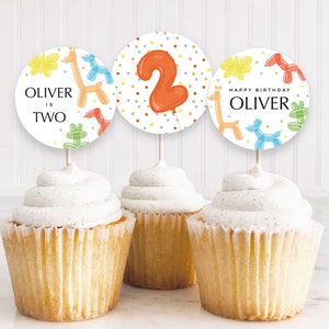 EDITABLE Balloon Animals Party Cupcake Toppers • Circle Stickers • Change to Any Age • Digital Template | Corjl - Instant Download