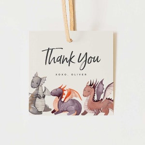 Bearbeitbarer Drache Thank You Tag | Moderner Drache Dankeschön Tag, Drachenparty, Digitale Vorlage | Corjl - Sofort Download