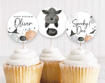 Spooky One Halloween Party Cupcake Toppers, Pegatinas circulares, Primer cumpleaños, Dulce Halloween, 3 diseños, Plantilla / Corjl - Descarga instantánea