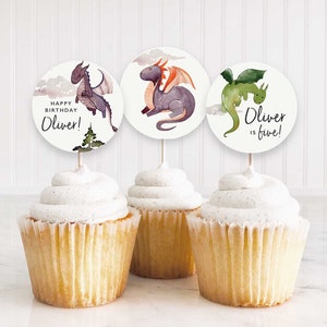 Editable Dragon Cupcake Toppers| Modern Dragon Circles, Food Sign, Cupcake Decoration | Digital Template | Corjl - Instant Download