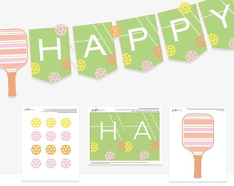 May include: Printable party decorations for a pickleball themed party. The set includes a banner that says "HAPPY" with pickleball paddles and balls, a sheet of pickleball paddle and ball cutouts, and a single pickleball paddle cutout.