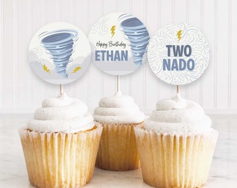 EDITABLE Tornado Birthday Cupcake Toppers, Circle Stickers, Favor Tag • Two-Nado  Four-Nado • Digital Template | Corjl - Instant Download