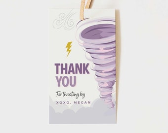 EDITABLE Girl Tornado Birthday Thank You Tag • Two-Nado  Four-Nado • Weather Party Thank You • Digital Template | Corjl - Instant Download