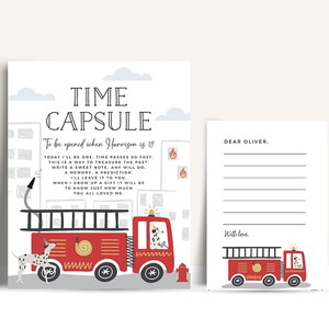 Cápsula do tempo EDITÁVEL para festa de caminhão de bombeiros • Conjunto de placas e cartões • Modelo digital | Corjl - Download instantâneo