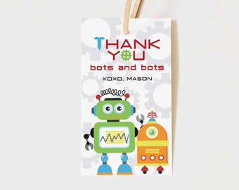 May include: Thank you card with a robot theme. The card features two robots, one green and one orange, with the text "Thank You bots and bots XOXO, Mason".