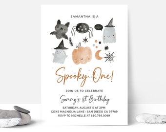 Spooky One Birthday Invitation, First Birthday Invitation, Boy Bat Halloween, Spooky 1st Birthday, Template | Corjl - Instant Download