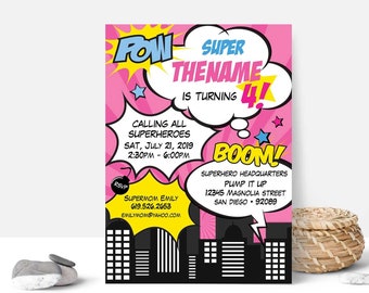 May include: A pink and yellow comic book style birthday party invitation for a child turning four. The invitation features the text "Super [Name] is turning 4!" with a yellow star and a pink background. The invitation also includes the text "Calling all superheroes" and the date and time of the party. The invitation is decorated with comic book style speech bubbles and stars.