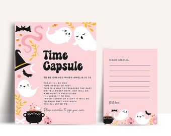 May include: A pink and white printable time capsule for a child's 1st birthday. The text reads "Time Capsule" and "To be opened when Amelia is 18". The printable includes a note to write a sweet note or prediction for the child to open when they are 18 years old.