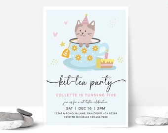 EDITABLE Cat Kitten Tea Party Birthday Party Invitation • Kit-Tea Party • Cat Birthday Party Invite • Template | Corjl Instant Access