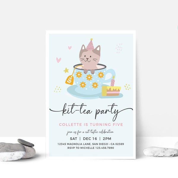 EDITABLE Cat Kitten Tea Party Birthday Party Invitation • Kit-Tea Party • Cat Birthday Party Invite • Template | Corjl Instant Access