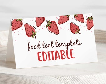 Tarjeta de buffet plegable de fresa imprimible EDITABLE, Etiqueta de comida, Etiqueta de postre, Carpa de comida / Carpa de comida de bayas / Corjl • Descarga instantánea