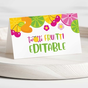 EDITÁVEL para impressão TWOTTI FRUITTI Cartão dobrável para buffet, rótulo de alimentos, rótulo de sobremesa, barraca de alimentos | Tenda de comida de frutas | Corjl • Download instantâneo