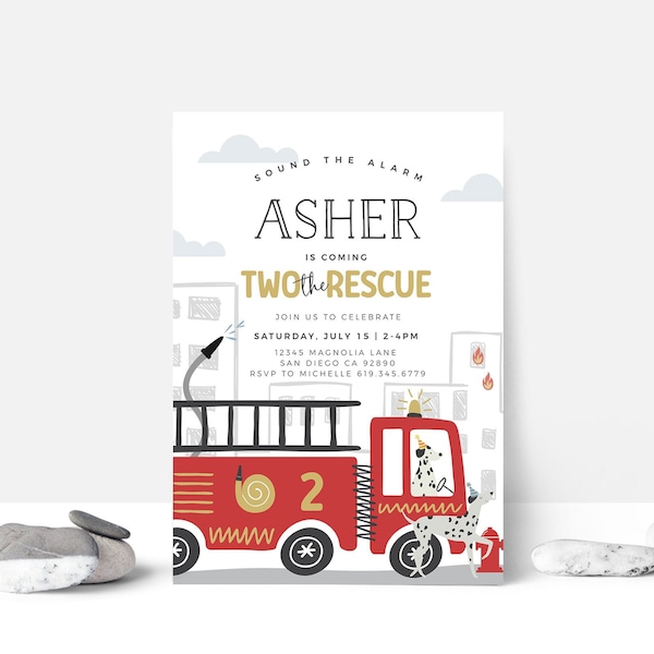 EDITABLE Fire Truck 2nd Birthday Party Invitation • Two the Rescue •  Sound the Alarm • Digital Template | Corjl - Instant Download