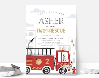 EDITABLE Fire Truck 2nd Birthday Party Invitation • Two the Rescue •  Sound the Alarm • Digital Template | Corjl - Instant Download