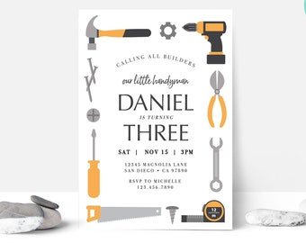 May include: A white birthday invitation with a gray and orange tool theme. The invitation says "Calling all builders, our little handyman Daniel is turning three. Sat Nov 15 3pm, 12345 Magnolia Lane, San Diego CA 97890, RSVP to Michelle 123.456.7890".