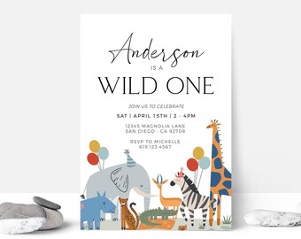 May include: A white invitation card with a colorful illustration of animals, including a giraffe, zebra, elephant, and rhino. The text on the card reads "Anderson is a Wild One" and includes details for a birthday party.
