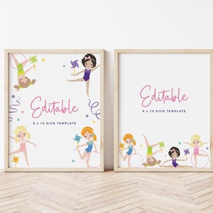 EDITABLE Gymnastics Birthday Party Signs 8&quot; x 10&quot; • Pinwheels • Gym Birthday, Twirl Tumble, Template | Corjl - Instant Download