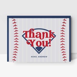 Tarjeta de agradecimiento de fiesta de béisbol editable • Etiqueta de favor de fiesta de béisbol / Inicio UNO / Béisbol moderno / Descarga instantánea
