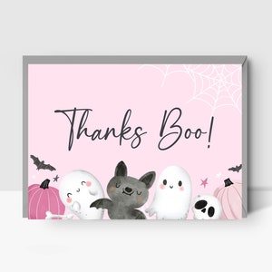 Tarjeta de agradecimiento de fantasma rosa de Halloween • Tarjeta de notas de agradecimiento Boo • Fantasma espeluznante, murciélago, araña • Plantilla editable / Corjl - Descarga instantánea